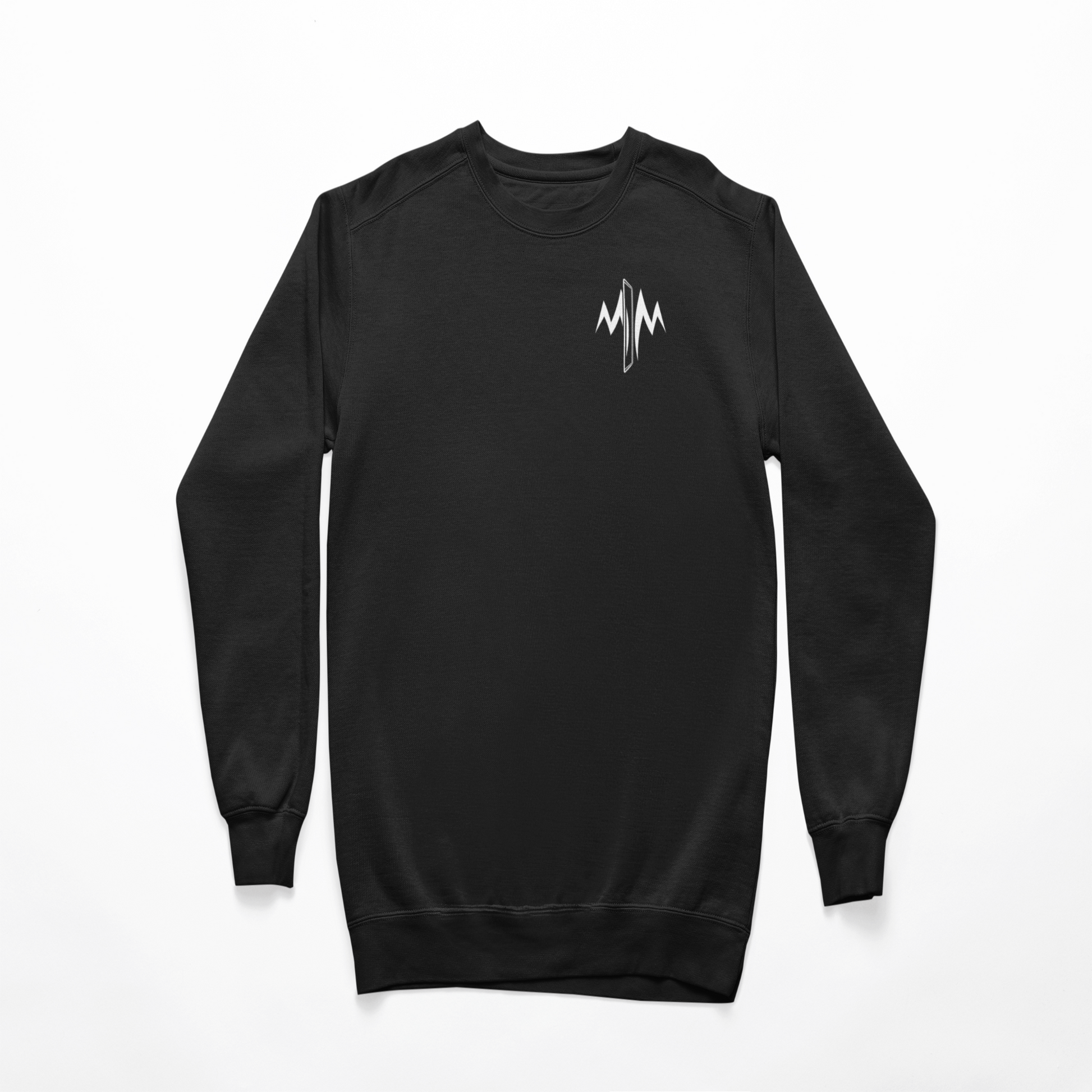 Black sweatshirt with a logo on the chest against a white background