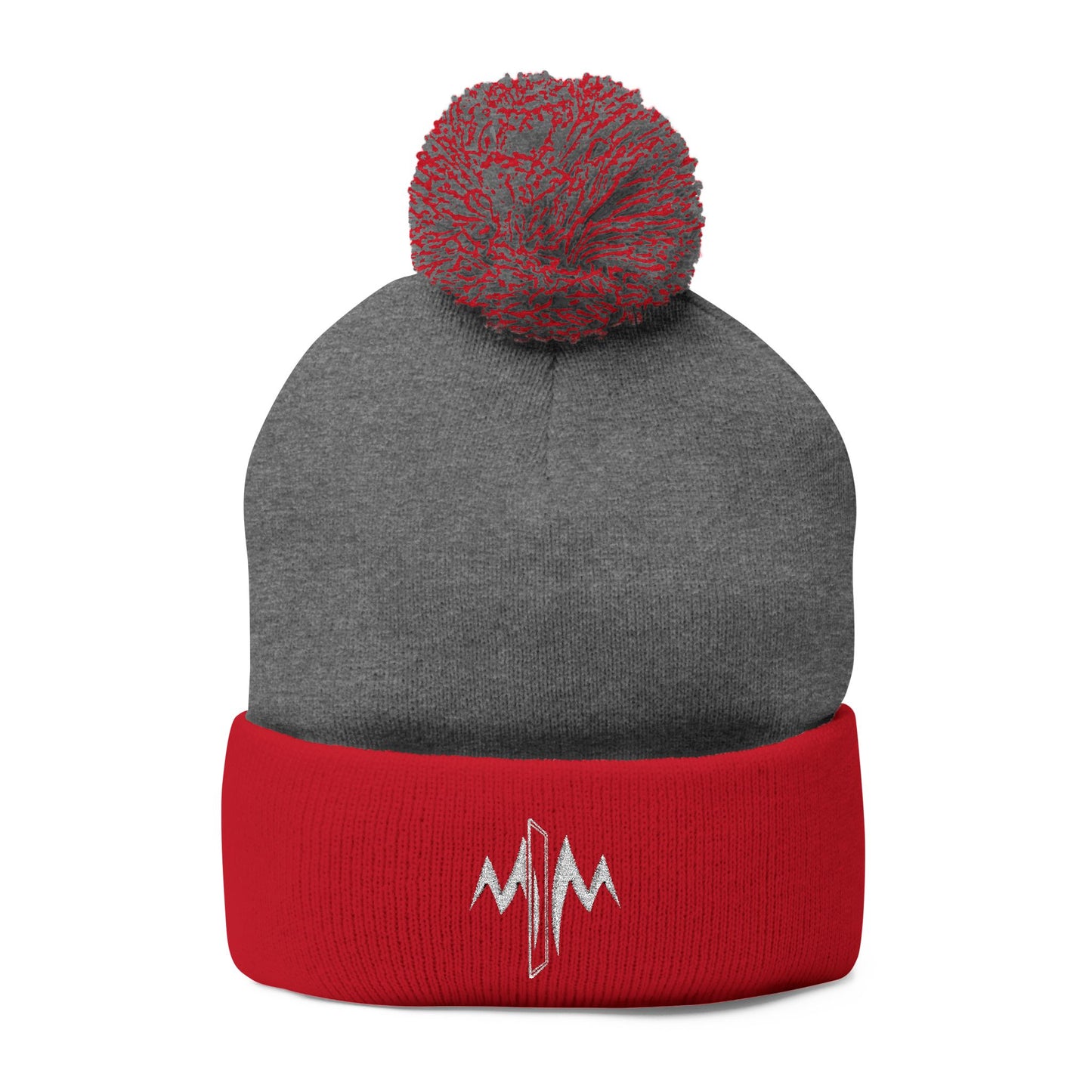 Embroidered Pom-Pom Knit Cap — Minimal Wave Logo Beanie