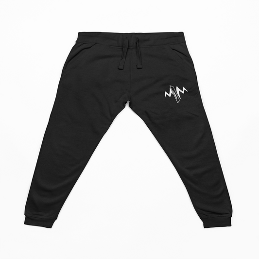 Black jogger pants with a logo on a white background